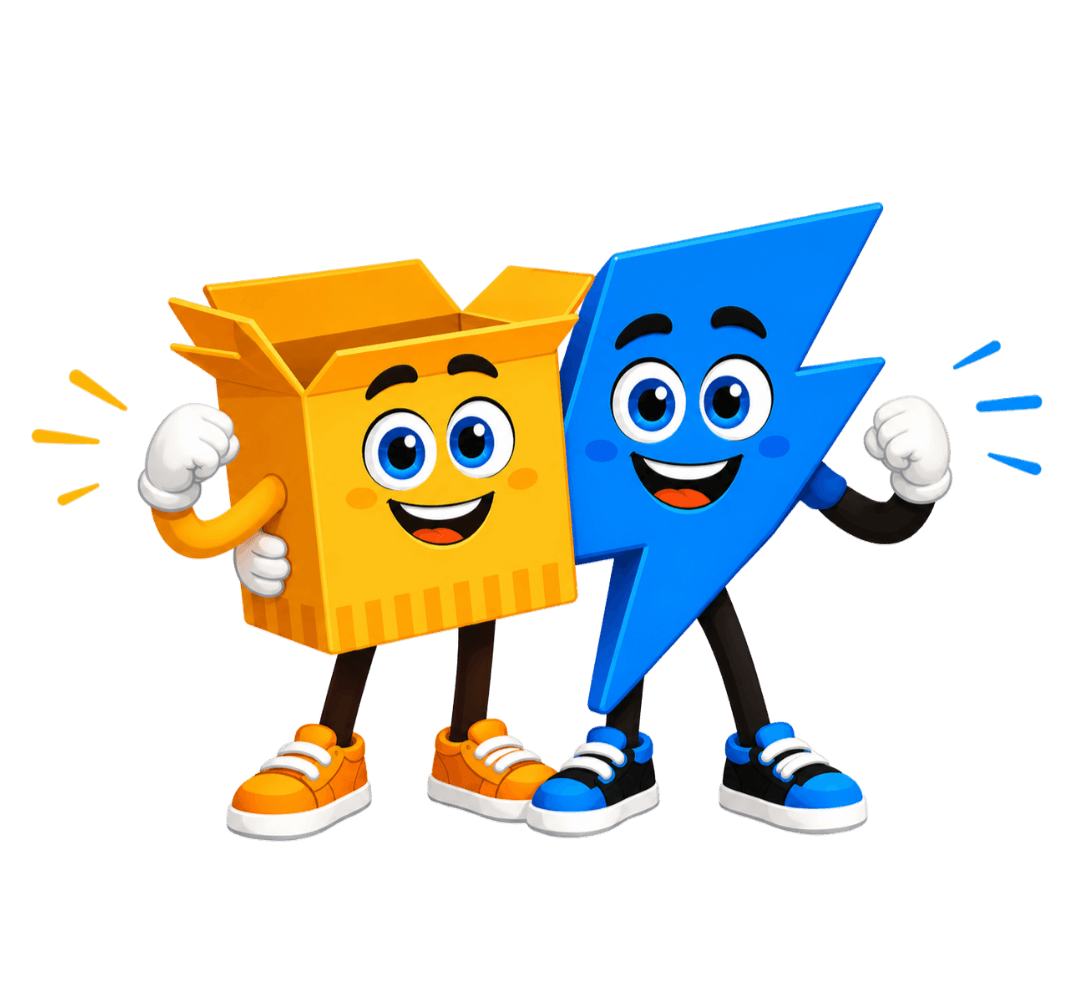 Mascote-caixa abraçado com mascote-raio, simbolizando a parceria entre Multicaixasnet e Multi Express